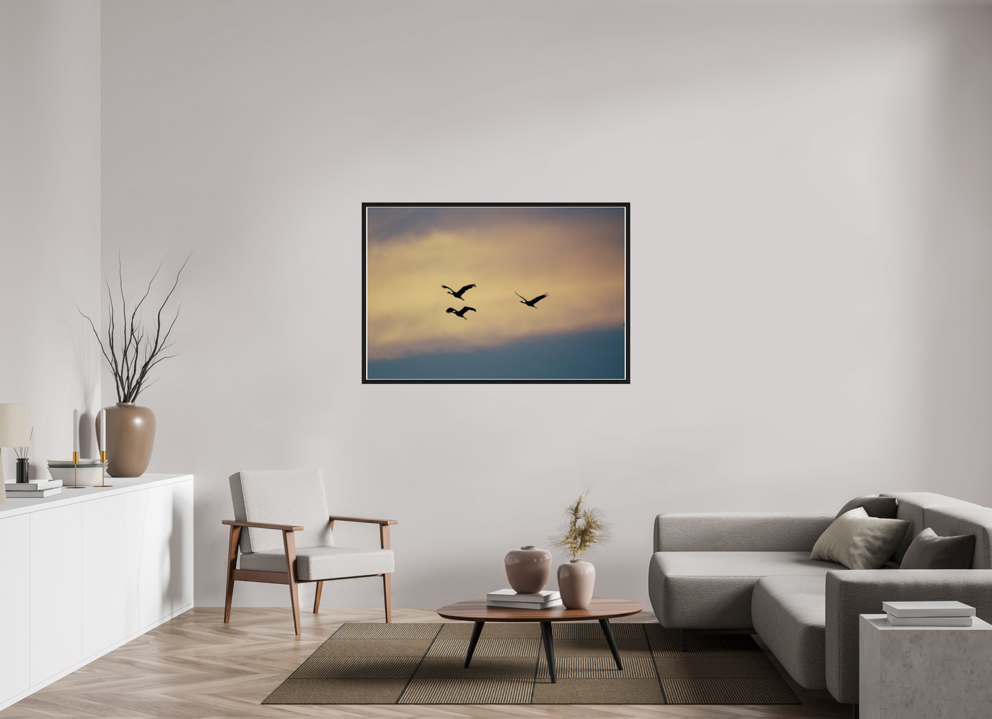54 x 36″, Floater Frame Sandhill Cranes in a Painted Sky