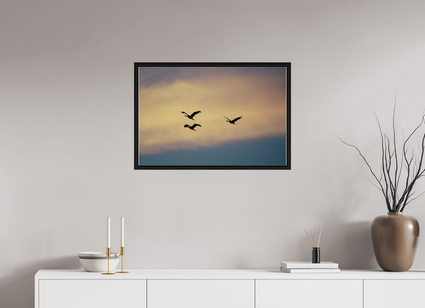 30 x 20″, Floater Frame Sandhill Cranes in a Painted Sky