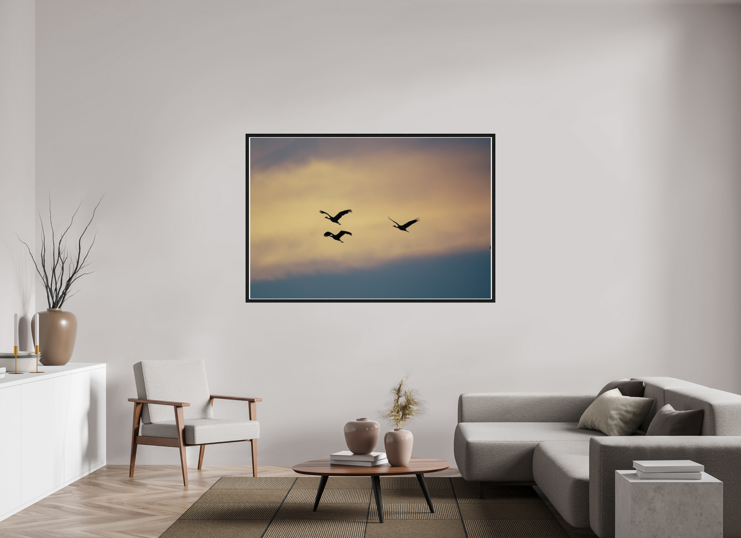 66 x 44″, Floater Frame Sandhill Cranes in a Painted Sky