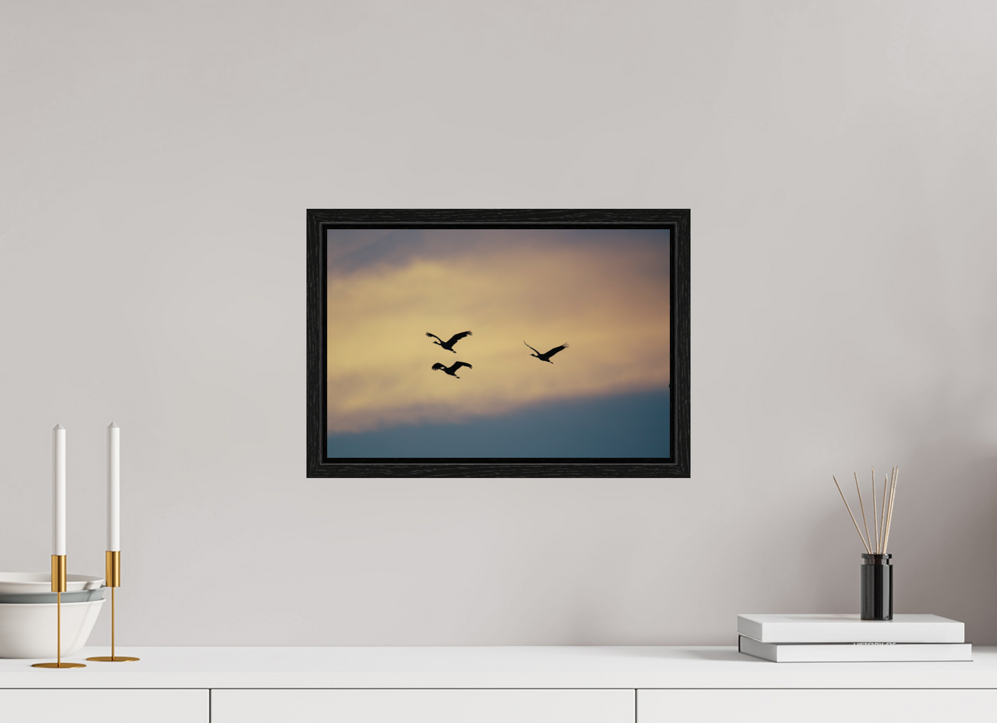 15 x 10″, Floater Frame Sandhill Cranes in a Painted Sky