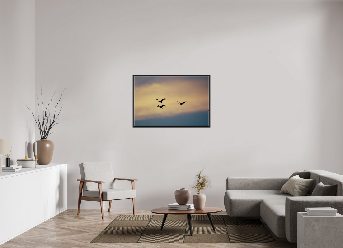 45 x 30″, Floater Frame Sandhill Cranes in a Painted Sky