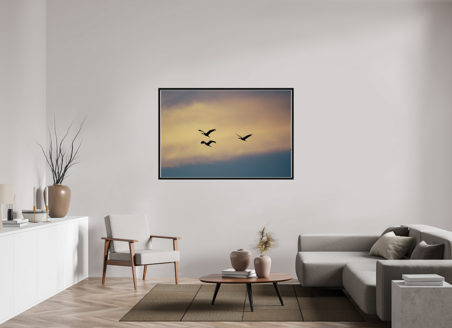 60 x 40″, Floater Frame Sandhill Cranes in a Painted Sky