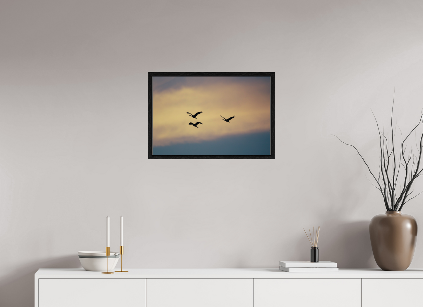 24 x 16″, Floater Frame Sandhill Cranes in a Painted Sky