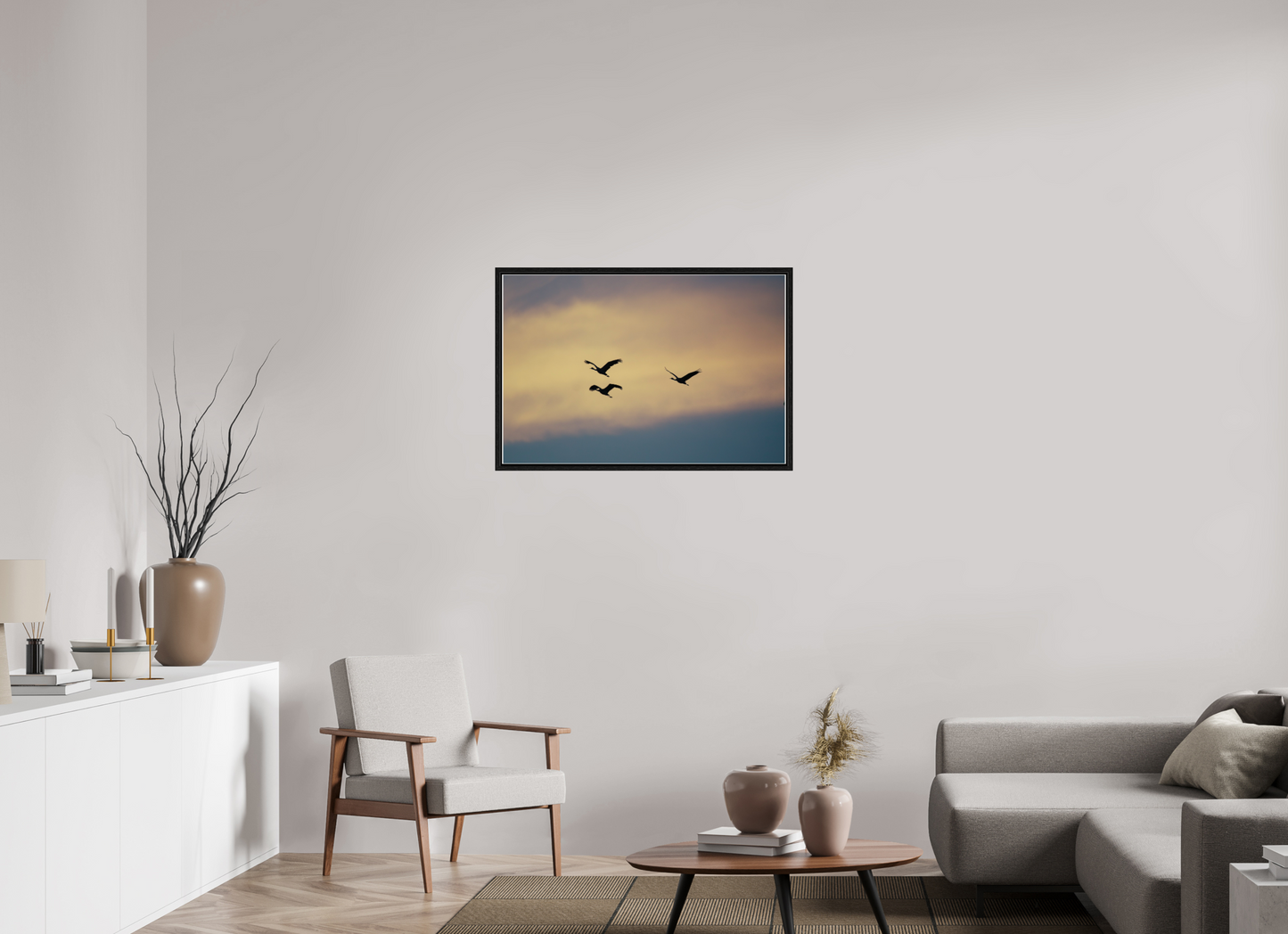 36 x 24″, Floater Frame Sandhill Cranes in a Painted Sky